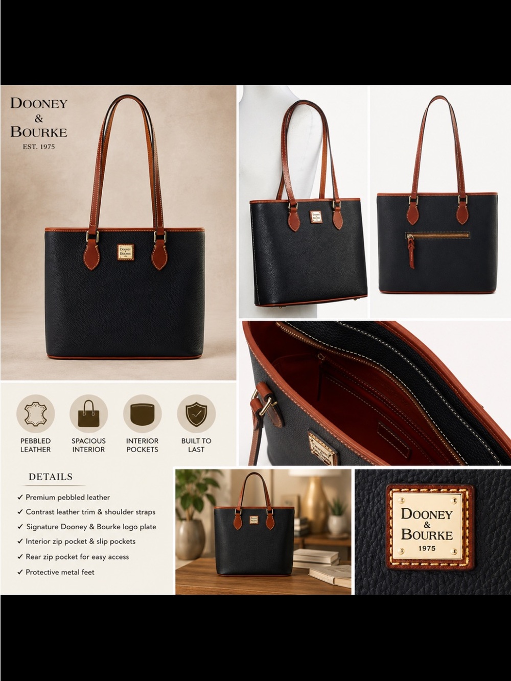Dooney & Bourke Black with Brown Trim Pebbled Leather Shoulder Tote